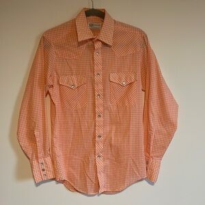 VTG Charlie Brown Western Shirt Small Orange White Checkered Snap Button
